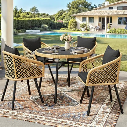 YITAHOME Outdoor Dining Set with Umbralle Hole, 5pcs Rattan Patio Dining Set for 4 with Cup Holders Soft Cushions and Glass Top Dining Table for Patio, Backyard, Garden, Bacony, Light Brown & Black