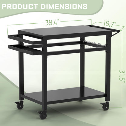 32"x 20" Stainless Steel Outdoor Grill Table, Movable Grill Cart, Outdoor Kitchen Island Prep Stand Station, Pizza Oven Table, Grill Stand Fits Griddle 17" 22", Rolling Bar Cart with 5 Utensil Hooks