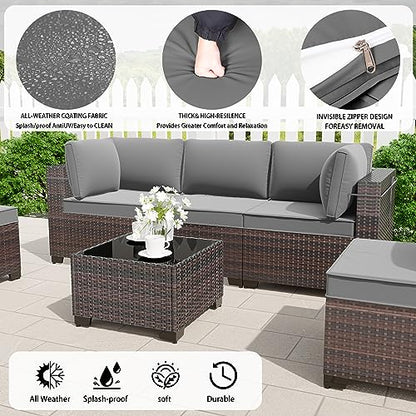 RTDTD 7 Pieces Outdoor Patio Furniture Set,Outdoor Sectional Furniture All Weather PE Rattan Wicker Patio Conversation Set with Coffee Table and 6 Thickened Cushions,Grey