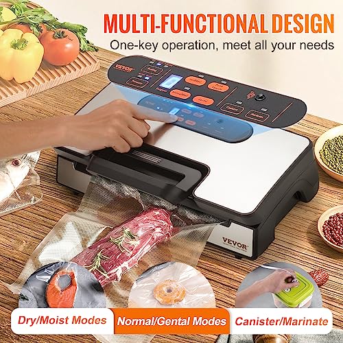 VEVOR Vacuum Sealer Machine, Food Sealer Machine，Dry and Moist Food Storage, Automatic and Manual Air Sealing System with Built-in Cutter, with Seal Bag， External Hose 90Kpa 130W Powerful Dual Pump