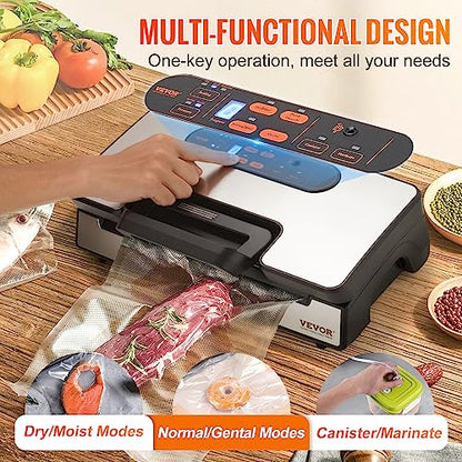 VEVOR Vacuum Sealer Machine, Food Sealer Machine，Dry and Moist Food Storage, Automatic and Manual Air Sealing System with Built-in Cutter, with Seal Bag， External Hose 90Kpa 130W Powerful Dual Pump