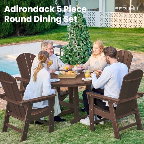 SERWALL 5-Piece Patio Dining Sets, HDPE Outdoor Table and Chairs Furniture Set, 45" Round Dining Table and 4 Adirondack Dining Chair, Coffee