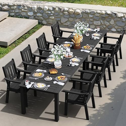 YEFU HIPS Patio Table Set: 10 Piece Outdoor Table and Chairs Dining Furniture Set with Umbrella Hole - Black Modern Plastic Dining Sets 8 Person for Outside Deck with Metal Aluminum Frame