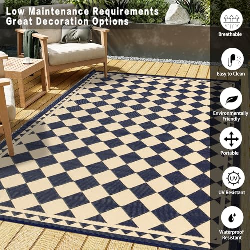 HUGEAR Outdoor Rug for Patios Clearance,Waterproof Mat,Large Outside Carpet,Reversible Plastic Straw Camping Rugs,Rv,Porch,Deck,Camper,Balcony,Backyard (5x8,Checkered/Black&Beige)