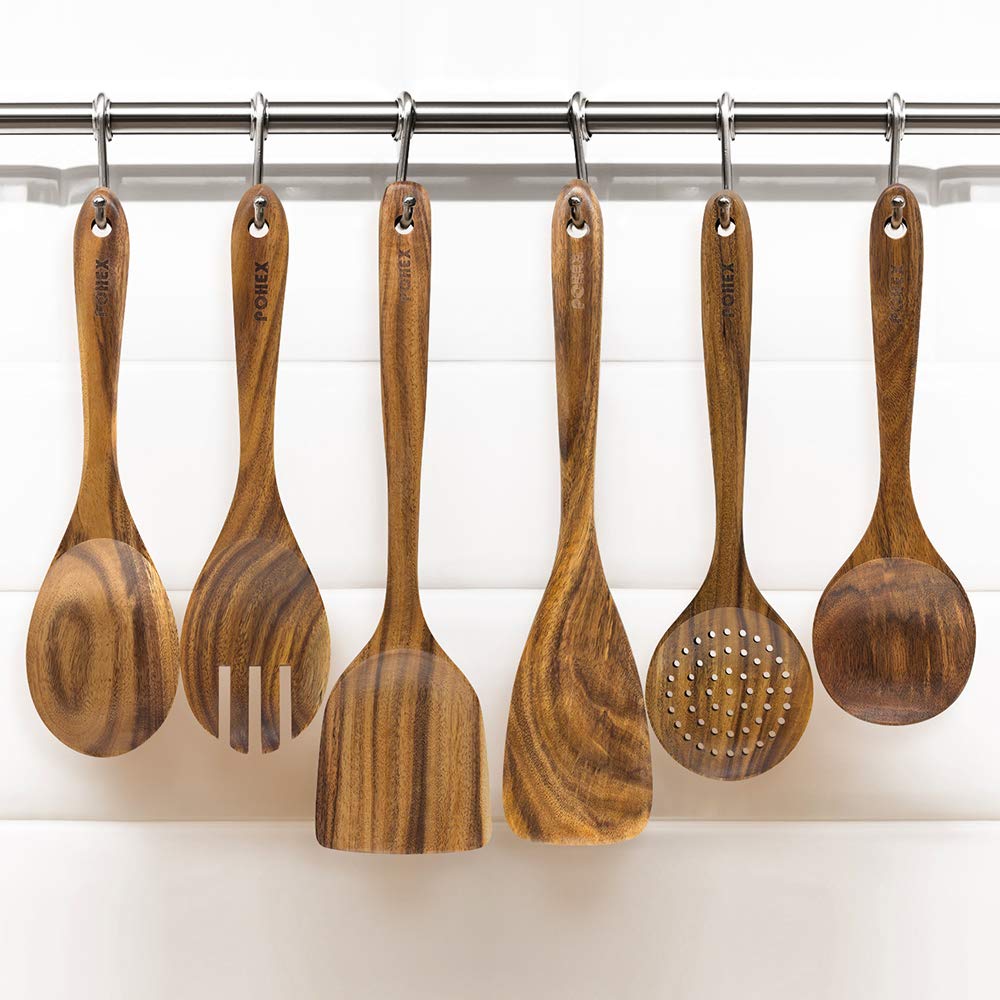 Pohex Teak Wood 12 Piece Kitchen Utensil Set with Wooden Holder/Barrel, 6 Gadgets Wooden Spatula, Spurtle, Slotted Spoon, Salad Spoon and Fork, Small Mixing Spoon and 6 Hooks Handmade Cookware No BPA