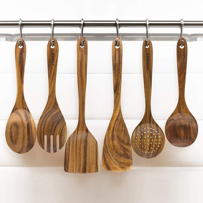 Pohex Teak Wood 12 Piece Kitchen Utensil Set with Wooden Holder/Barrel, 6 Gadgets Wooden Spatula, Spurtle, Slotted Spoon, Salad Spoon and Fork, Small Mixing Spoon and 6 Hooks Handmade Cookware No BPA
