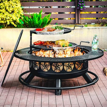 Verdeluxe 42 Inch BBQ Fire Pit with 2 Grills,3-in-1 Outdoor Round Metal Fire Pit Table with Lid,Fire Poker,Large Outdoor Wood Burning Firepits for Outside,Picnic,Bonfire Backyard Patio(Black)