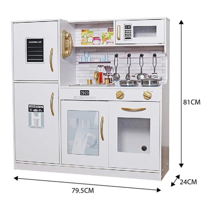 TOUCH US Wooden Play Kitchen Toy Set with Light, Kids Children Pretend Toy Kitchen Playset, Sink with Faucet, Oven, Microwave, Kitchenware Set Accessories for Ages 3-8 Girls Boys