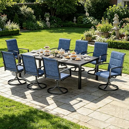 MEOOEM Expandable Outdoor Dining Set for 8, Modern 9 Piece Outdoor Dining Table Set with Highback Swivel Chairs 450LBS, All Weather Heavy Duty 8 Person Outdoor Dining Table Set for Outside, Navy Blue