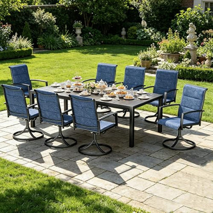 MEOOEM Expandable Outdoor Dining Set for 8, Modern 9 Piece Outdoor Dining Table Set with Highback Swivel Chairs 450LBS, All Weather Heavy Duty 8 Person Outdoor Dining Table Set for Outside, Navy Blue