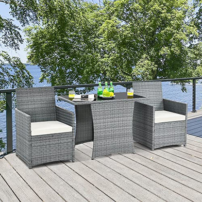 Tangkula 3 Pieces Patio Dining Set, Patiojoy Space-Saving PE Rattan Bistro Set with Tempered Glass Top Table and Cushioned Chairs, Outdoor Conversation Set for Garden, Backyard, Poolside, Porch