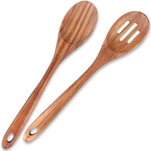 2-Piece 14 inch Large Wooden Spoon Set Non Toxic Solid Wood Spoon Cooking Utensils Slotted Spoon Long Non-Stick Cooking Spoons Teak Wood Kitchen Spatula for Mixing Stirring Serving Spoons