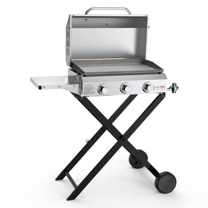 ONLYFIRE GRILLS Portable Propane Gas Griddle 3-Burner with Foldable Cart & Side Table, Flat Top Gas Grill Griddle Stove with Lid, for Outdoor Cooking Patio Backyard Camping RV Tailgating Beach, GS310