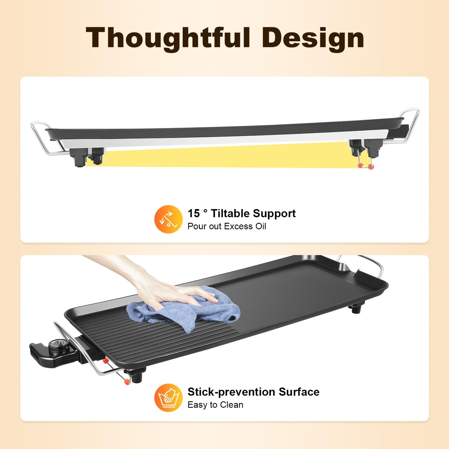 27'' 1500W Electric Griddle Teppanyaki Grill Hob Nonstick Large Griddle Long Countertop with Adjustable Temperature Indoor Outdoor Table Top Grill for Outdoor Yard Travel Picnic Camping Party
