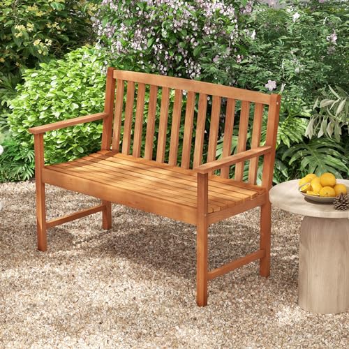 Tangkula Outdoor Garden Bench, 2-Person Eucalyptus Wood Bench with Backrest, Armrests and Slatted Seat, Patio Garden Bench for Yard, Porch, 800 lbs Capacity, Natural