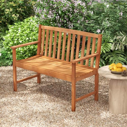 Tangkula Outdoor Garden Bench, 2-Person Eucalyptus Wood Bench with Backrest, Armrests and Slatted Seat, Patio Garden Bench for Yard, Porch, 800 lbs Capacity, Natural