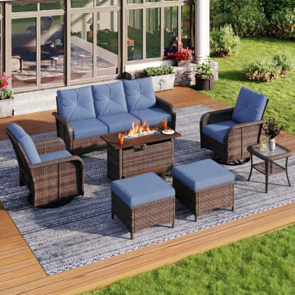 Aoxun 7-Piece Wicker Rattan Patio Furniture Set with 44" Fire Pit Table