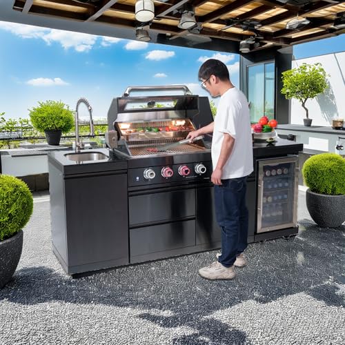 85" Commercial Outdoor Kitchen Grill Island with 4 Burner 72000 BTU BBQ, Stainless Steel Sink, Wine Cooler Fridge, Rotisserie & Granite Countertops, Black