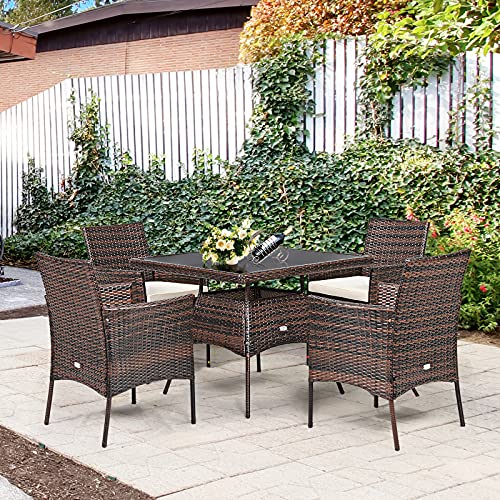 Tangkula 5 Pieces Wicker Patio Dining Set, Outdoor PE Rattan Chairs Table Set with 4 Seat Cushions, Patio Dining Furniture with Tempered Glass Tabletop, Suitable for Porch, Yard