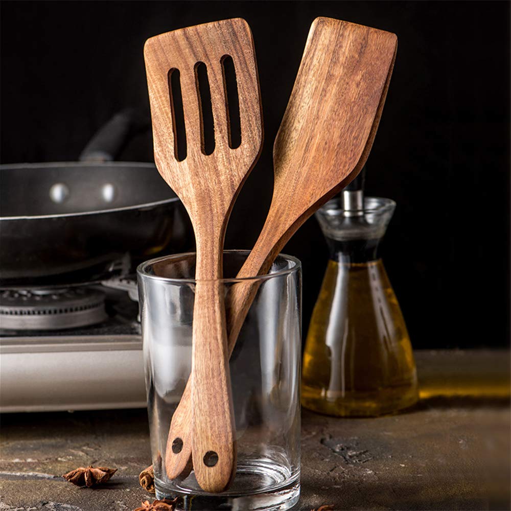 5 Pcs Best Wooden Spoons for Cooking Kitchen Utensils Set Non Stick Spoon Acacia Wood Utensil Cooking Spatula Turner Slotted Spoon Flat Wooden Spatula Set Mixing Cooking Spoons Kitchen Utensils