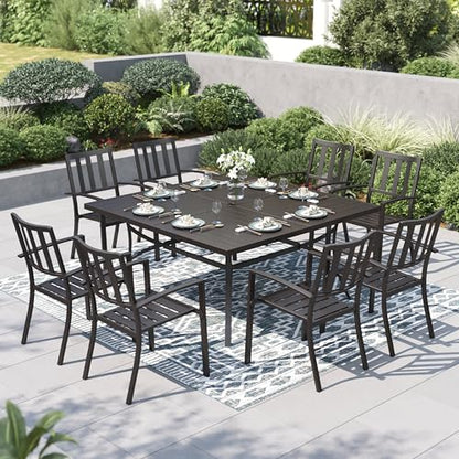 PHI VILLA 9 Pieces Outdoor Dining Set for 8, 60” Square Black Metal Table with Umbrella Hole & Stackable Iron Chairs, Large Outside Furniture Set for Patio, Deck, Yard, Porch