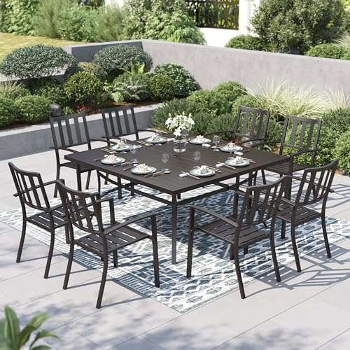 PHI VILLA 9 Pieces Outdoor Dining Set for 8, 60” Square Black Metal Table with Umbrella Hole & Stackable Iron Chairs, Large Outside Furniture Set for Patio, Deck, Yard, Porch
