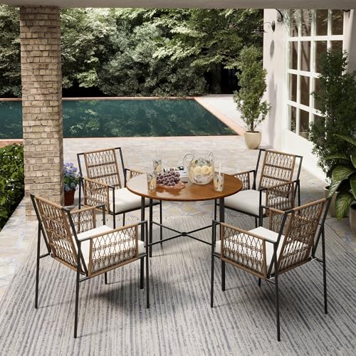 LAUSAINT HOME 5 Piece Outdoor Patio Dining Set, PE Rattan Patio Furniture Set with 4 Cushioned Armchairs & 1 Round Dining Table with Umbrella Hole, Steel Frame for Backyard, Porch, Poolside, Beige