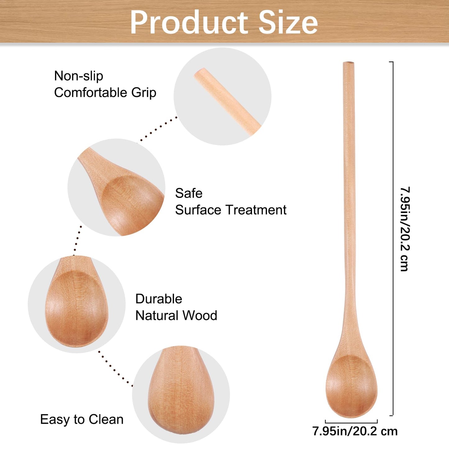 Gjinxi 2Pcs Natural Wood Long Handle Spoons, Wooden Tasting Spoon, Birch Handcraft from Teak, Mixing Honey Spoon for Coffee, Tea, Milkshake Kitchen Stirring