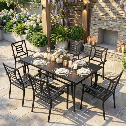 7 Piece Patio Dining Set 60" Rectangular Metal Table & 6 Stackable Chairs