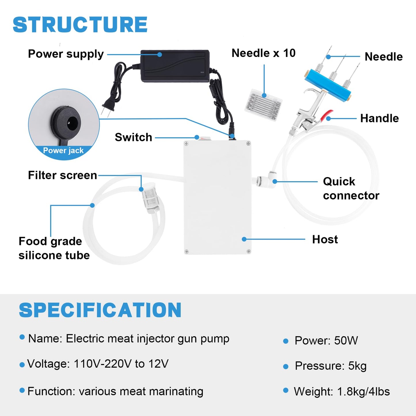 Electric Meat Injector Gun Pump with Hose, Stainless Steel Electric Marinade Injector 50W Meat Syringe Single Gun with 10 Needles for Roast Turkey, Pork, Beef (Three Needle)