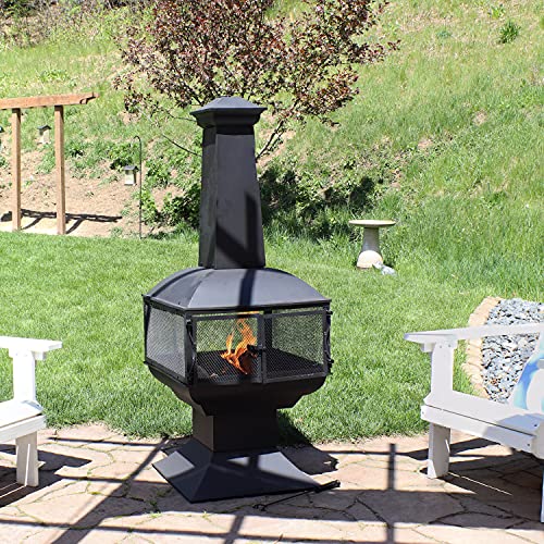 Sunnydaze 57-Inch Large Chiminea Outdoor Fireplace - Steel Wood-Burning Chiminea Outdoor Fire Pit with Cover, Wood Grate, and Poker