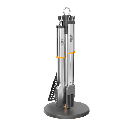 Stainless Steel BBQ Tool Set with Rotating Stand & Drip Pan | Grill Tool Kit Complete with Spatula, Tongs, Fork, Brush | Durable, Easy to Clean Grilling Kit | Essential BBQ Tools