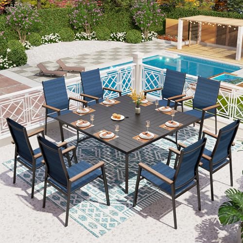 PHI VILLA 9 PCS Patio Dining Set, Aluminum Outdoor Furniture, Patio Table and Chairs for 8, Lightweight Stackable Chairs with Breathable Fabric and Large Square Metal Table for Garden Yard Deck, Blue
