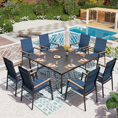 PHI VILLA 9 PCS Patio Dining Set, Aluminum Outdoor Furniture, Patio Table and Chairs for 8, Lightweight Stackable Chairs with Breathable Fabric and Large Square Metal Table for Garden Yard Deck, Blue