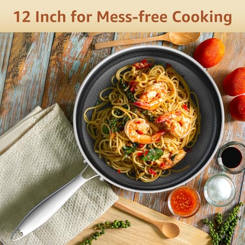 LOLYKITCH 12 Inch Nonstick Frying Pan with Lid, Stainless Steel Hybrid Skillet for Indution, Detachable Handle, Dishwasher and Oven Safe, PFOA Free Pans for Everyday Cooking