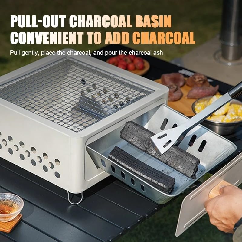 Portable Charcoal BBQ Grill Stove – Smokeless Outdoor Cooking for Camping & Tailgating, Yakitori Grill, Skewers, Easy Drawer Style, Pan and Grill Included
