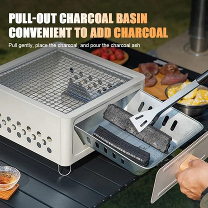 Portable Charcoal BBQ Grill Stove – Smokeless Outdoor Cooking for Camping & Tailgating, Yakitori Grill, Skewers, Easy Drawer Style, Pan and Grill Included