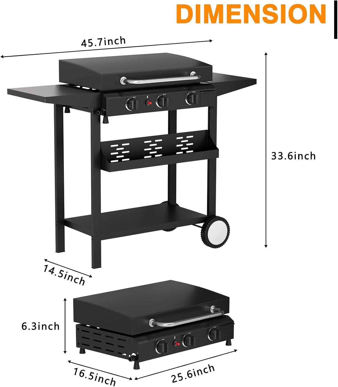 ADREAK 3 Burner BBQ Gas Griddle with Hood, 25.6 Inch Stainless Steel Portable Detachable Propane Griddle, 45,000 BTU Flat Top Barbecue Grill with Side Shelves for Camping