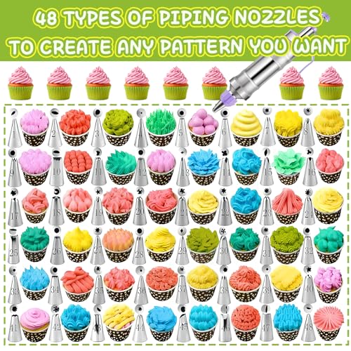 NOVANO Dessert Decorating Syringe Set, Frosting Piping Kit Stainless Steel Cake Decorating Kit with 54 Piping Tips & 9 Silicone Cupcakes, Cupcake Decorating Kit Piping Bags and Tips Set