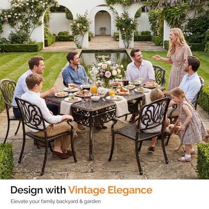 VINGLI 7-Piece Outdoor Dining Set, Cast Aluminum Patio Furniture Set for 6 with Umbrella Hole, Rectangular Outdoor Dining Table & 6 Stackable Chairs, All-Weather Garden/Poolside Dining Set Bronze