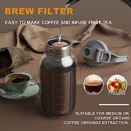 JunVpic Cold Brew Coffee Maker Jar - 64oz Wide Mouth,LeakProof,Heavy Duty Glass Mason Pitcher with Spout Lid,Handle & Stainless Steel Filter for Iced Coffee,Lemonade,Ice Tea & Fruit Drinks