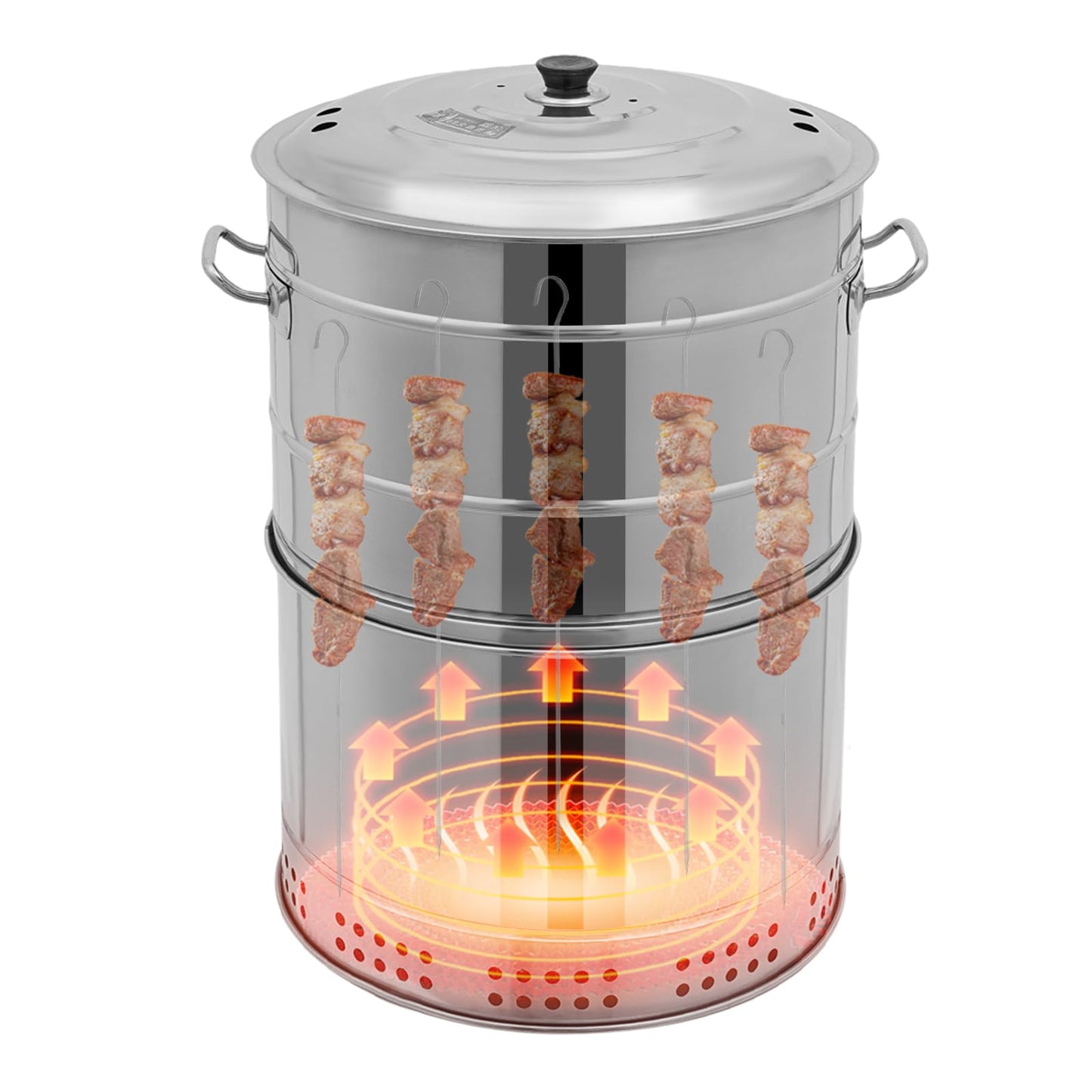 BAIODNB Large Portable Charcoal Grills, Stainless Charcoal BBQ Grill Barrel 360° Smokeless Outdoor with 50 Skewers, Boiling Pot Barbecue Smoker Grill for Travel, Outdoor Cooking and BBQ