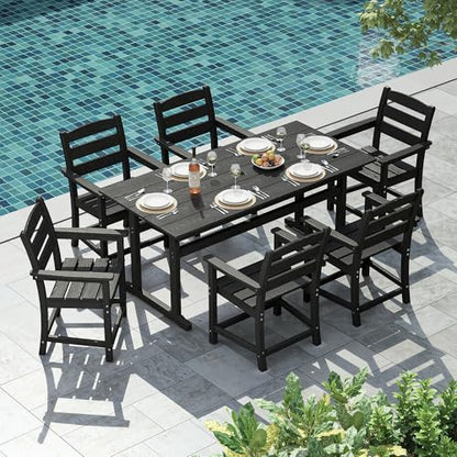 nalone 7-Piece Patio Dining Table Set, HDPE Outdoor Dining Sets with Table and 6 Chairs, Dining Furniture Set with Umbrella Hole (Black, 7 Pcs)