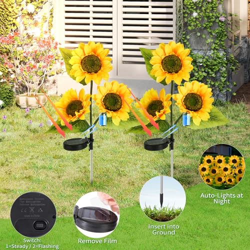 ILLUMINEW 4-Pack Solar Sunflower Garden Decor, 12 LED Flower Stake Lights - Waterproof Long-Lasting Outdoor Solar Patio Decor for Lawn, Yard & Pathway