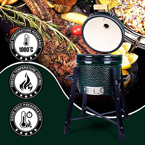 London Sunshine Ceramic Kamado Charcoal BBQ Grill and Smoker, Stainless Steel Grates -15" Ceramic with Tall Stand (GREEN)