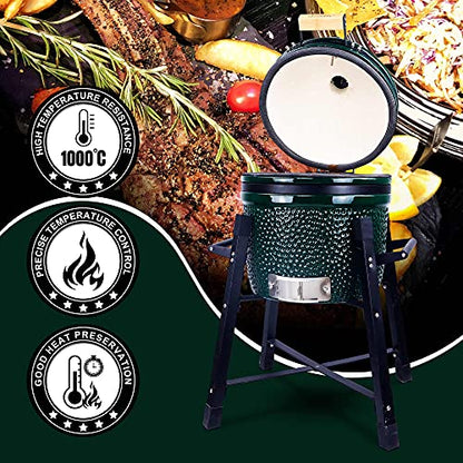 London Sunshine Ceramic Kamado Charcoal BBQ Grill and Smoker, Stainless Steel Grates -15" Ceramic with Tall Stand (GREEN)