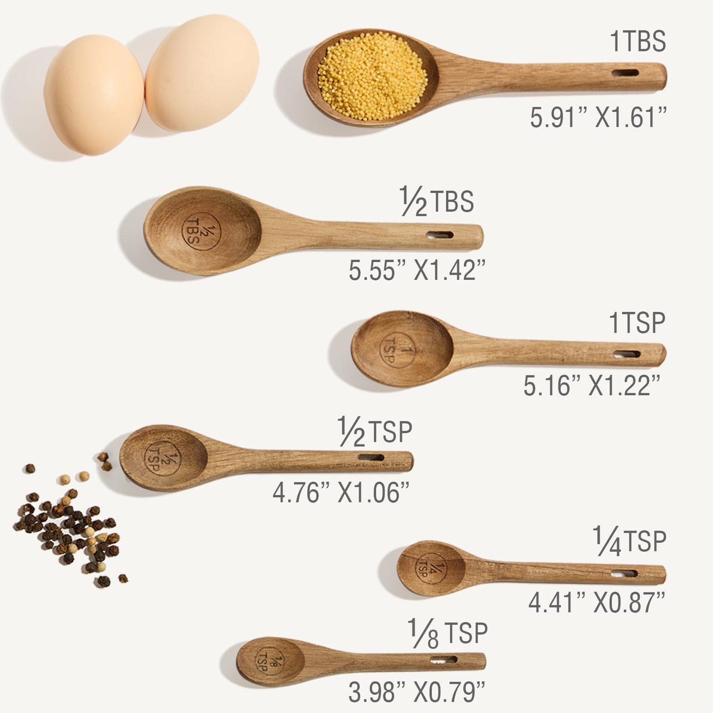 6pcs Measuring Spoons Set, Natural Acacia Wooden Measuring Spoons Includes 1/8 tsp, 1/4 tsp, 1/2 tsp, 1 tsp, 1/2 tbsp & 1 tbsp, Cute Teaspoon Tablespoon for Measuring Dry Ingredients