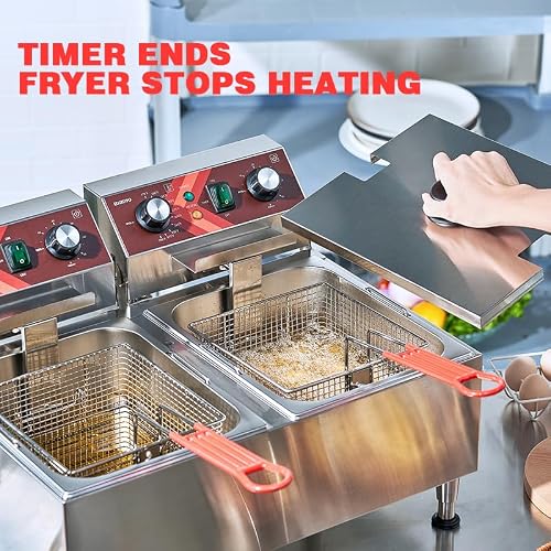 EGGKITPO Deep Fryers Stainless Steel Commercial Deep fryer with Timer Dual Tank Electric Deep Fryer with 2 Baskets Large Capacity 10L X 2 Electric Countertop Fryer for Restaurant and Home, 120V 3600W