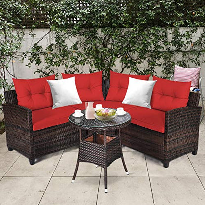 Tangkula 4-Piece C Shape Patio Furniture Set, Outdoor Corner Wicker Rattan Sectional Cushioned Sofa Set, with Glass Coffee Table, for Garden Poolside Balcony (Red)