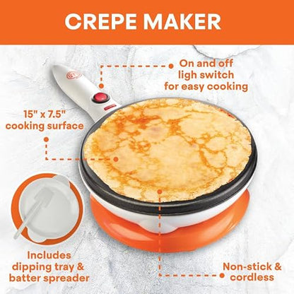 MasterChef Cordless Crepe Maker w Nonstick Dipping Plate plus Electric Base & Spatula, Includes Recipe Guide, Compact Baker Machine for Thin Homemade Crepes, Baked Dessert Treats, Breakfast or Brunch